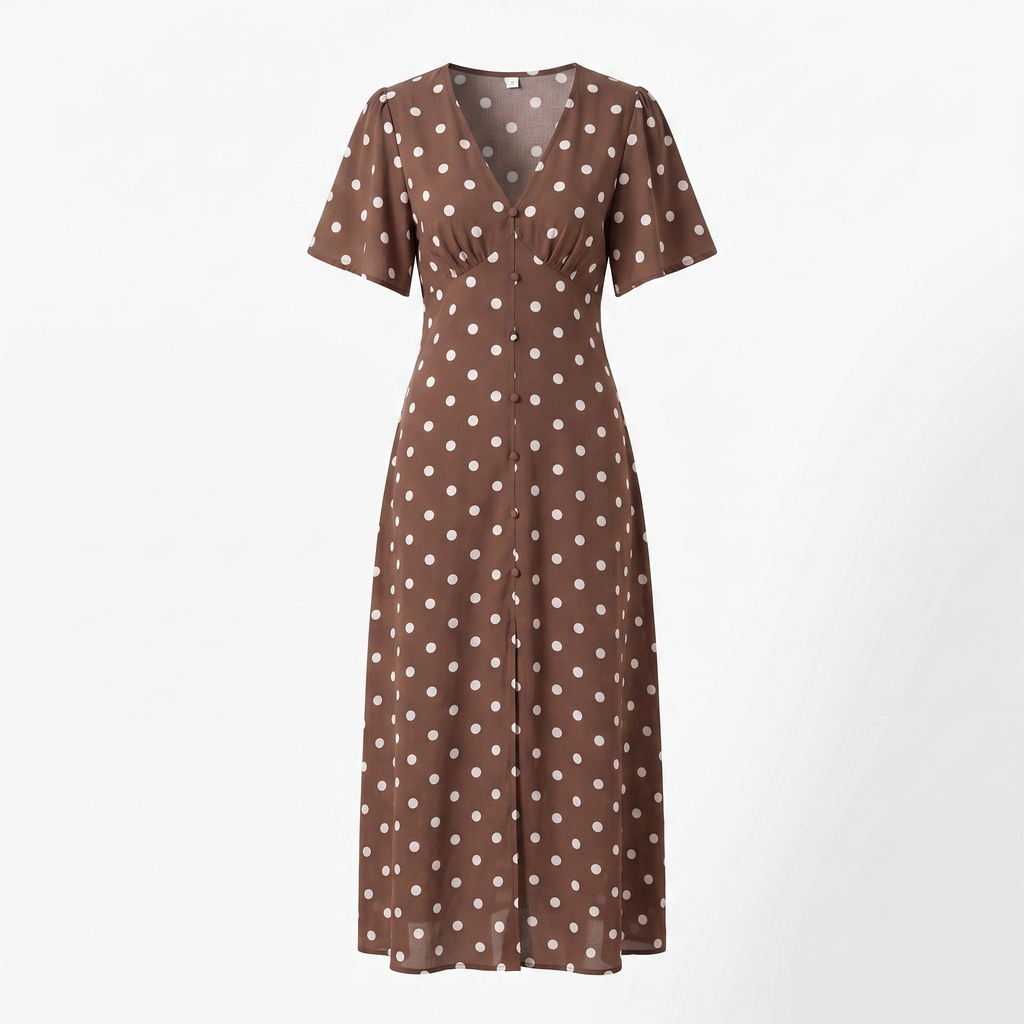 Polka Dot Button-Front Midi Dress