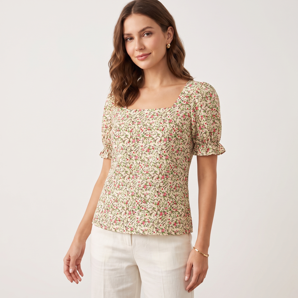 Ivory Green Floral Floral Square Neck Puff Sleeve Top