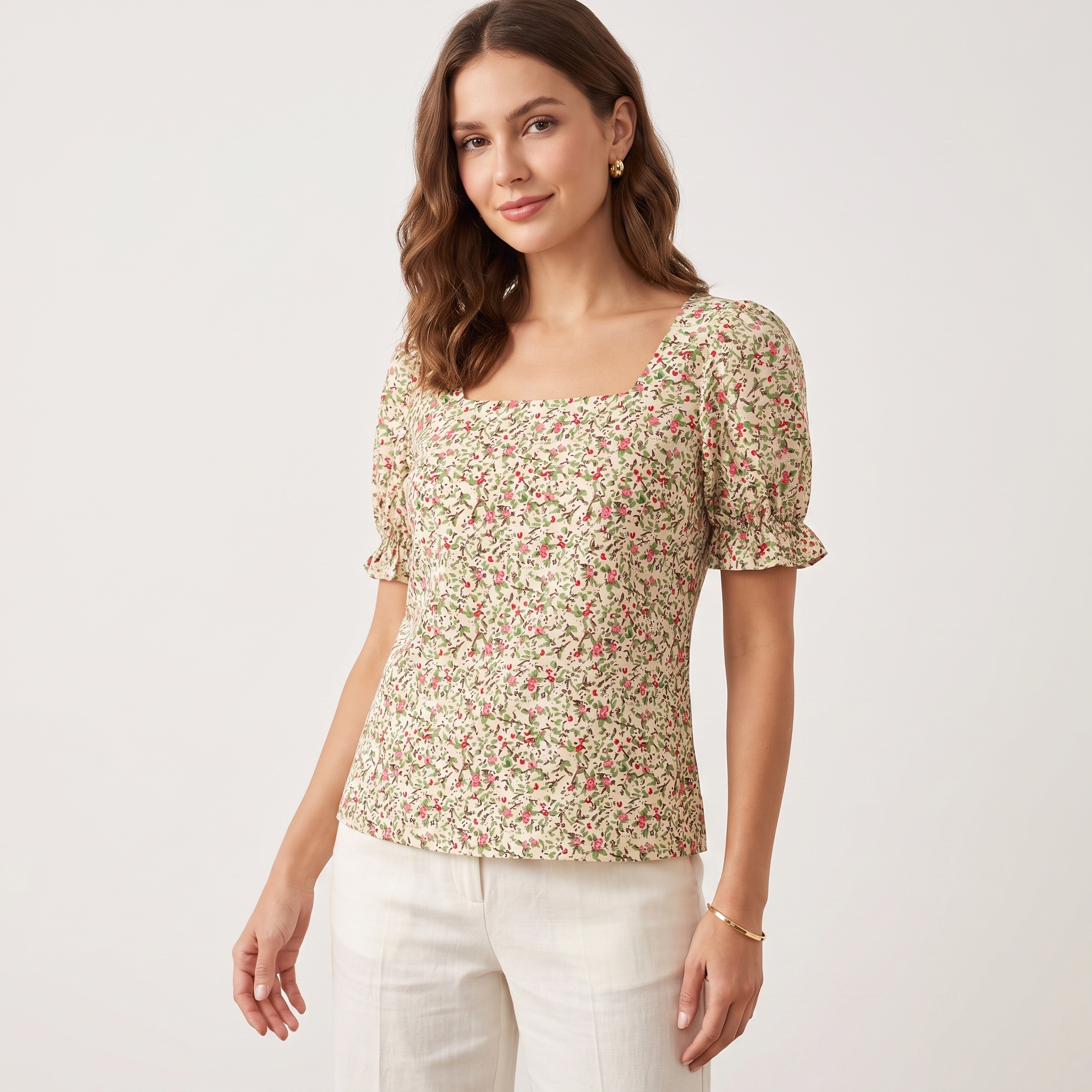 Ivory Green Floral Floral Square Neck Puff Sleeve Top