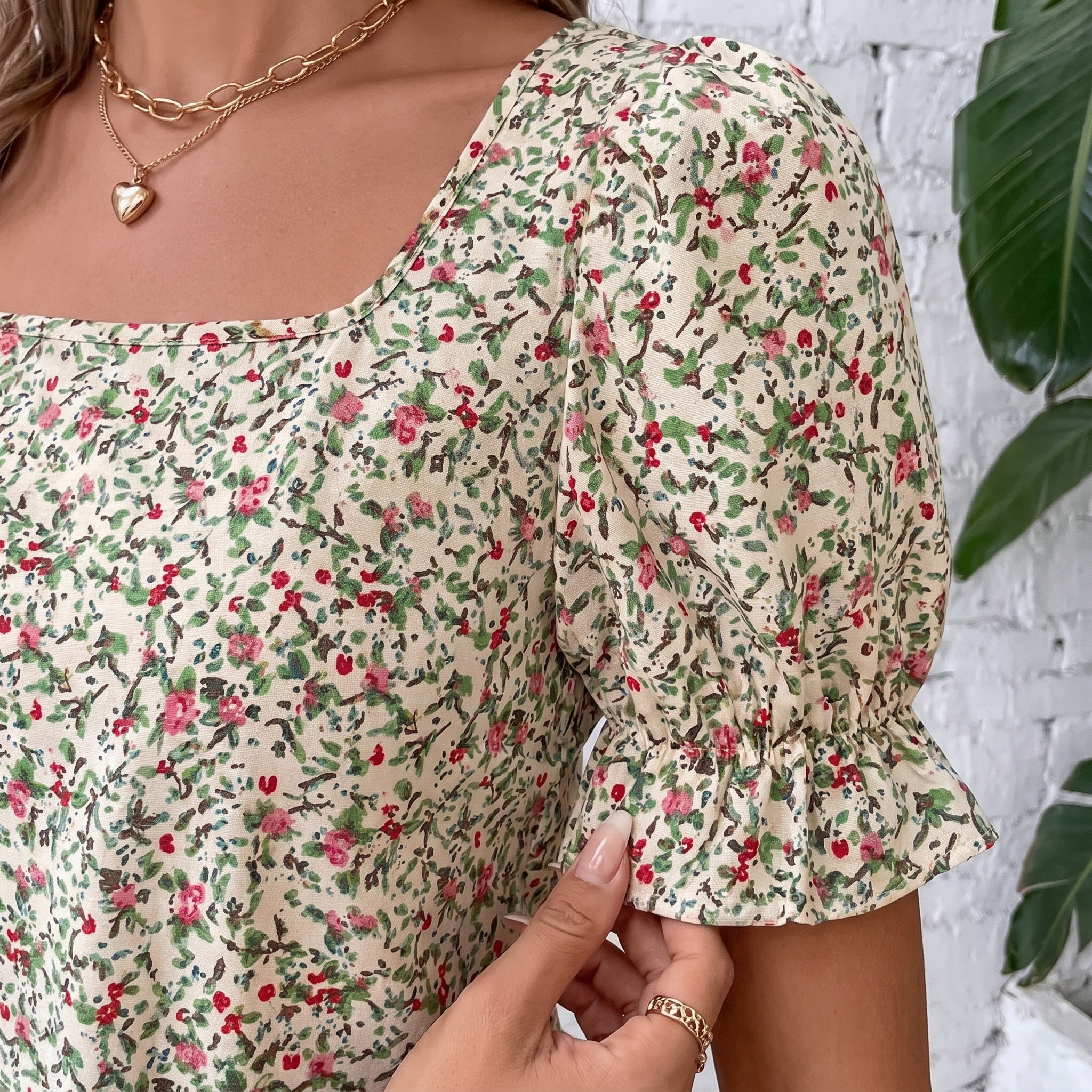 Ivory Green Floral Floral Square Neck Puff Sleeve Top