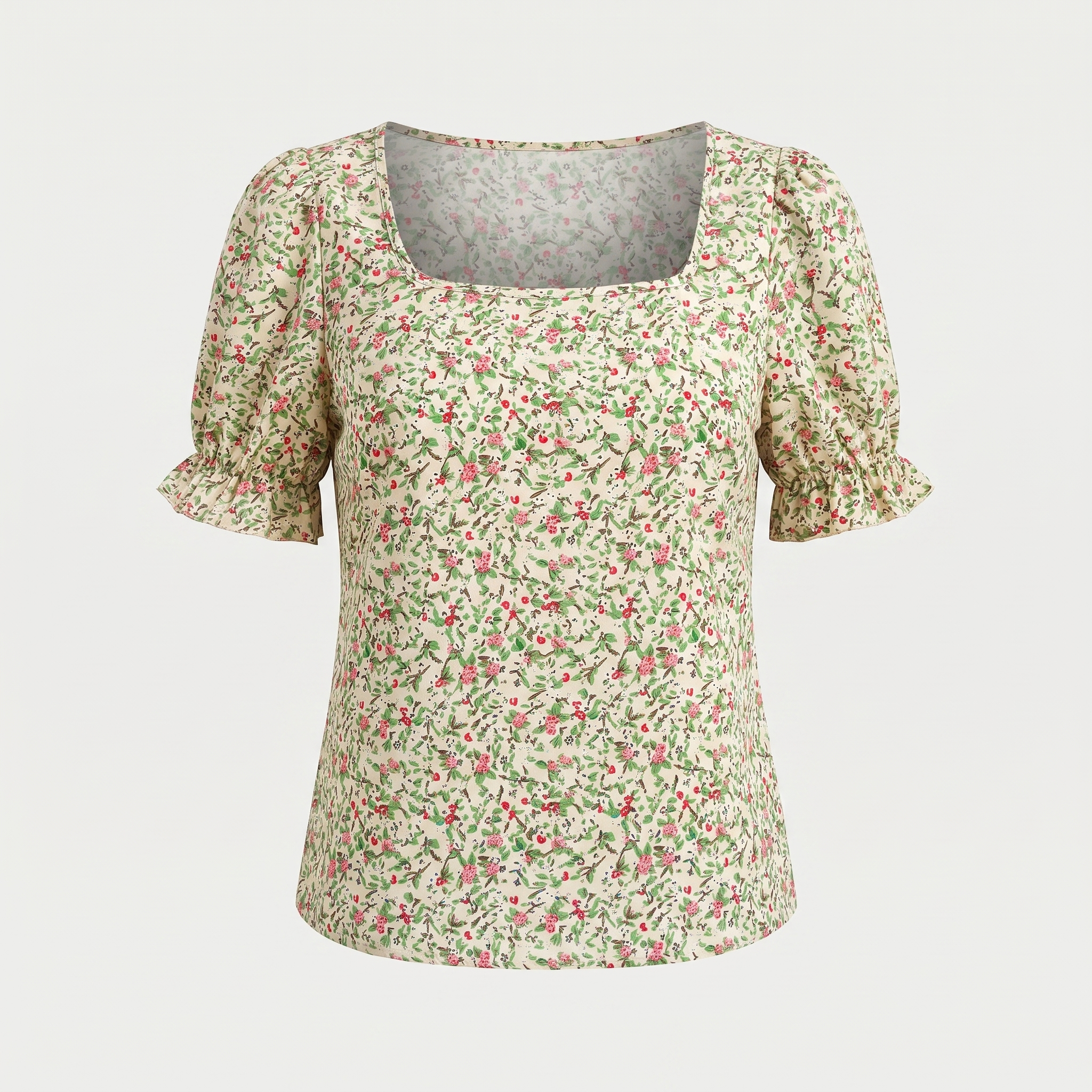 Ivory Green Floral Floral Square Neck Puff Sleeve Top