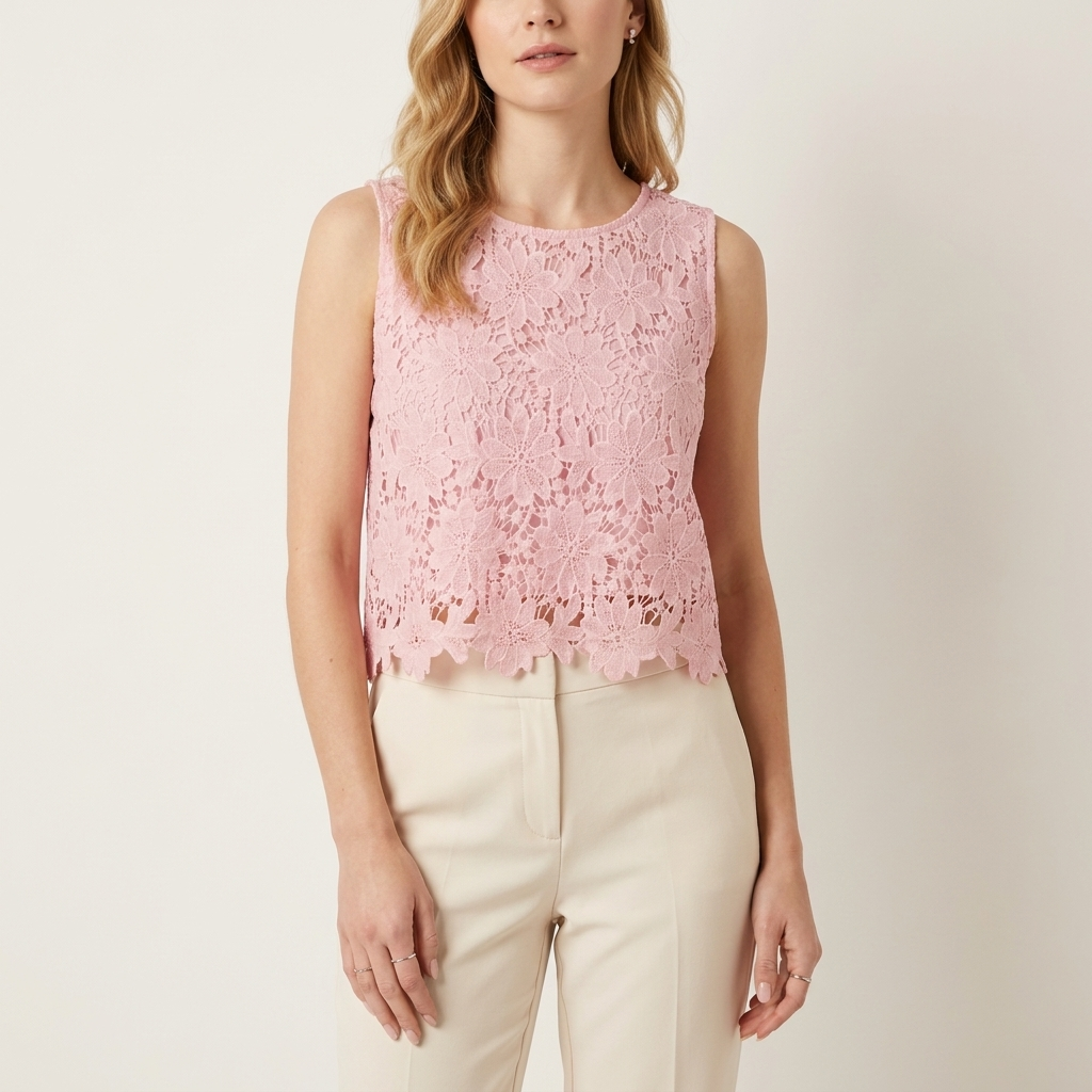 Woman wearing a pink lace trim scallop crop top, front studio view