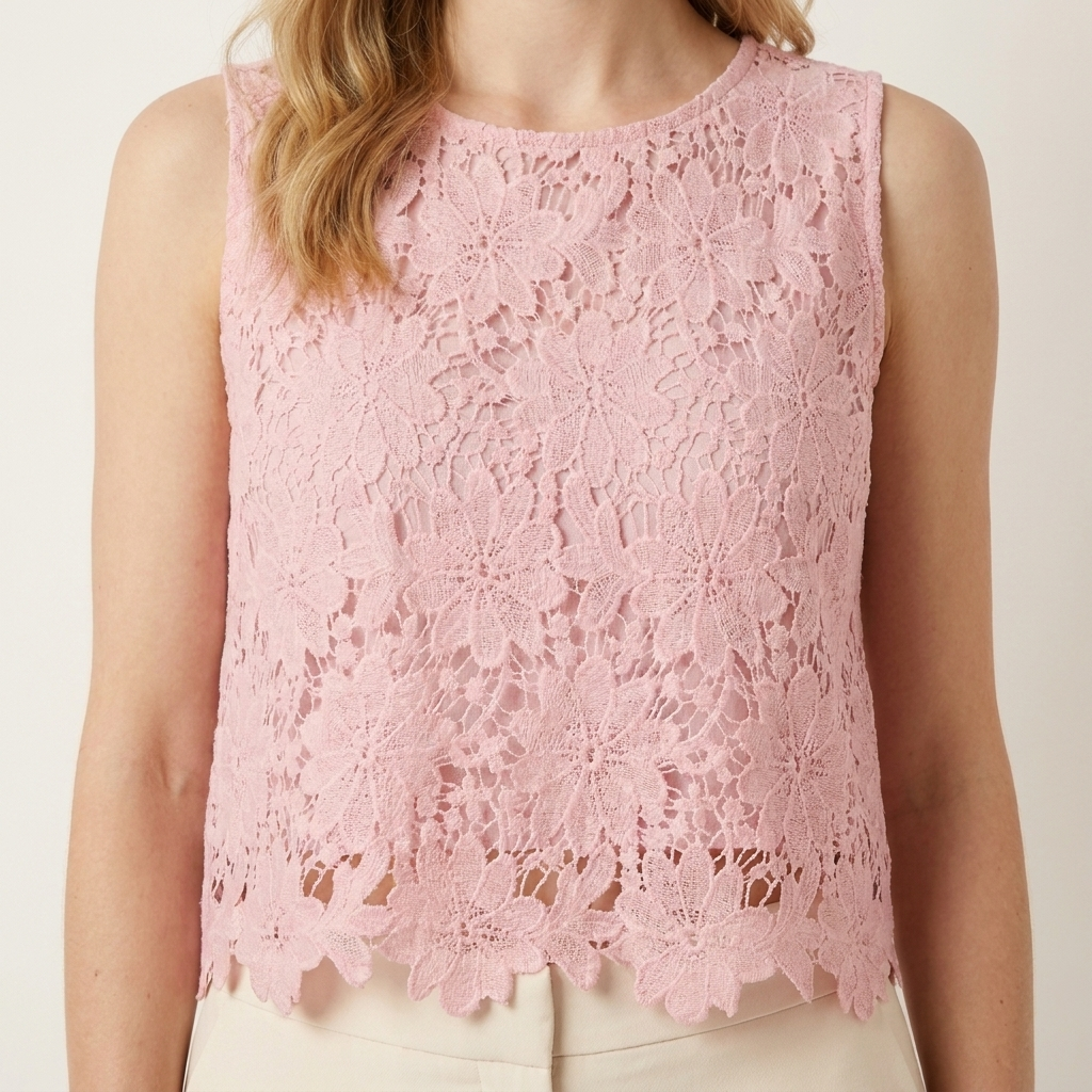 Close-up of the pink top lace panel and scallop trim detail