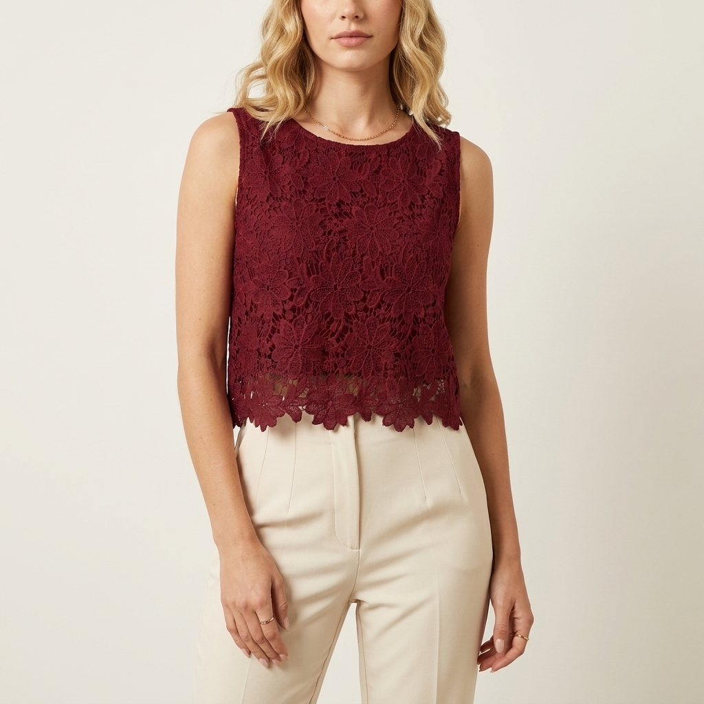 Woman wearing a red lace trim scallop crop top, front studio view