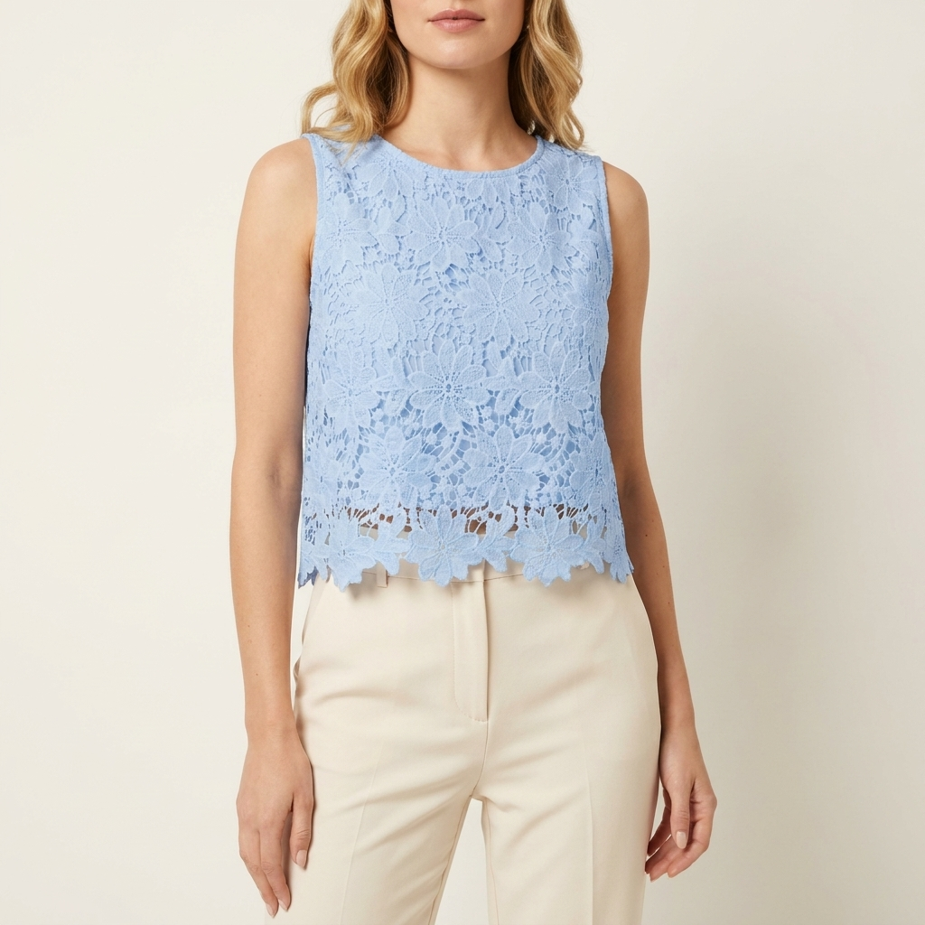 Woman wearing a blue lace trim scallop crop top, front studio view