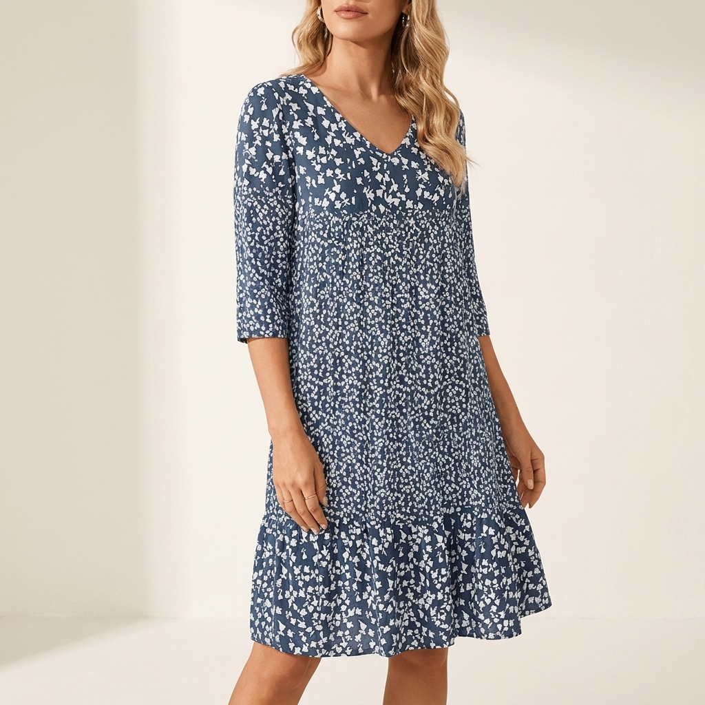 Woman wearing a blue midi dress with a soft tailored silhouette, front studio view
