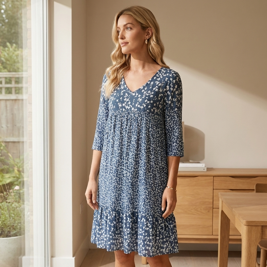 Woman wearing the blue dress in a relaxed everyday lifestyle setting
