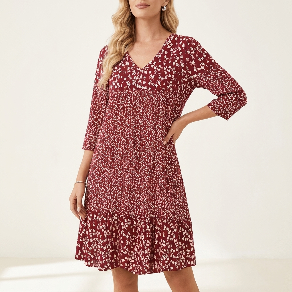 Woman wearing a red midi dress with a soft tailored silhouette, front studio view