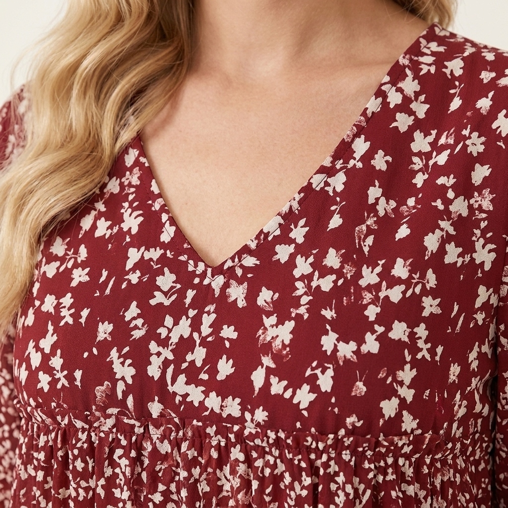 Close-up of the red dress neckline and fabric texture showing seam detail