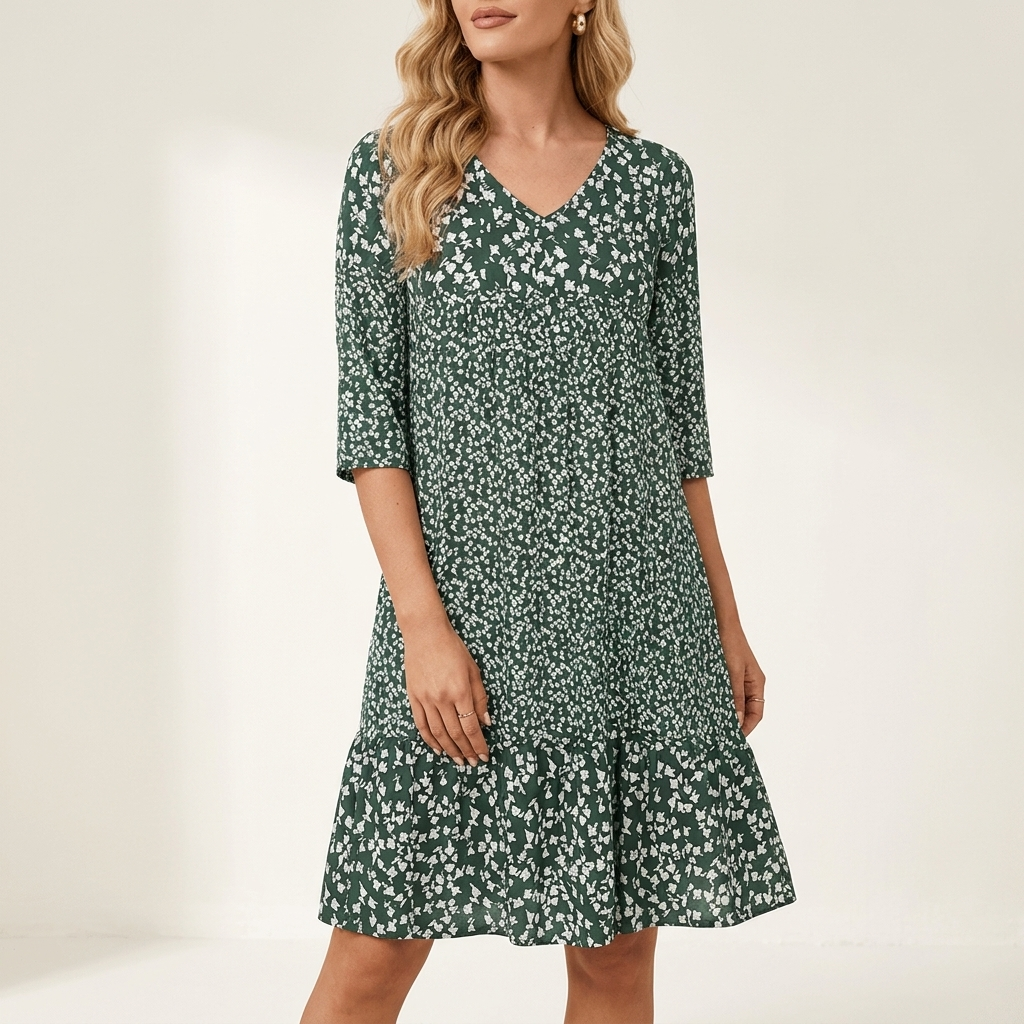 Woman wearing a green midi dress with a soft tailored silhouette, front studio view