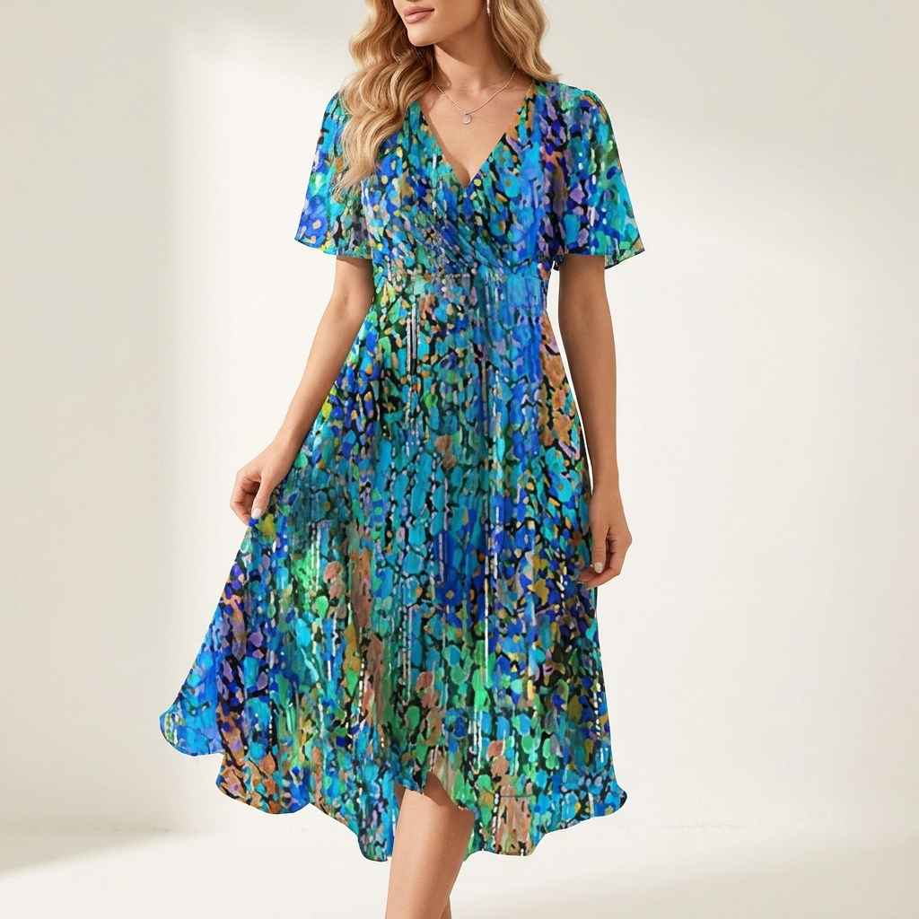 Woman wearing a blue printed short sleeve summer dress, front studio view