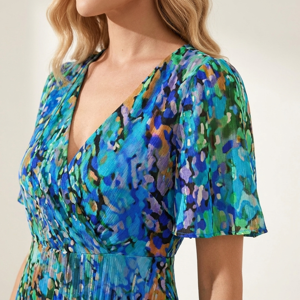 Close-up of the blue dress neckline and sleeve detail