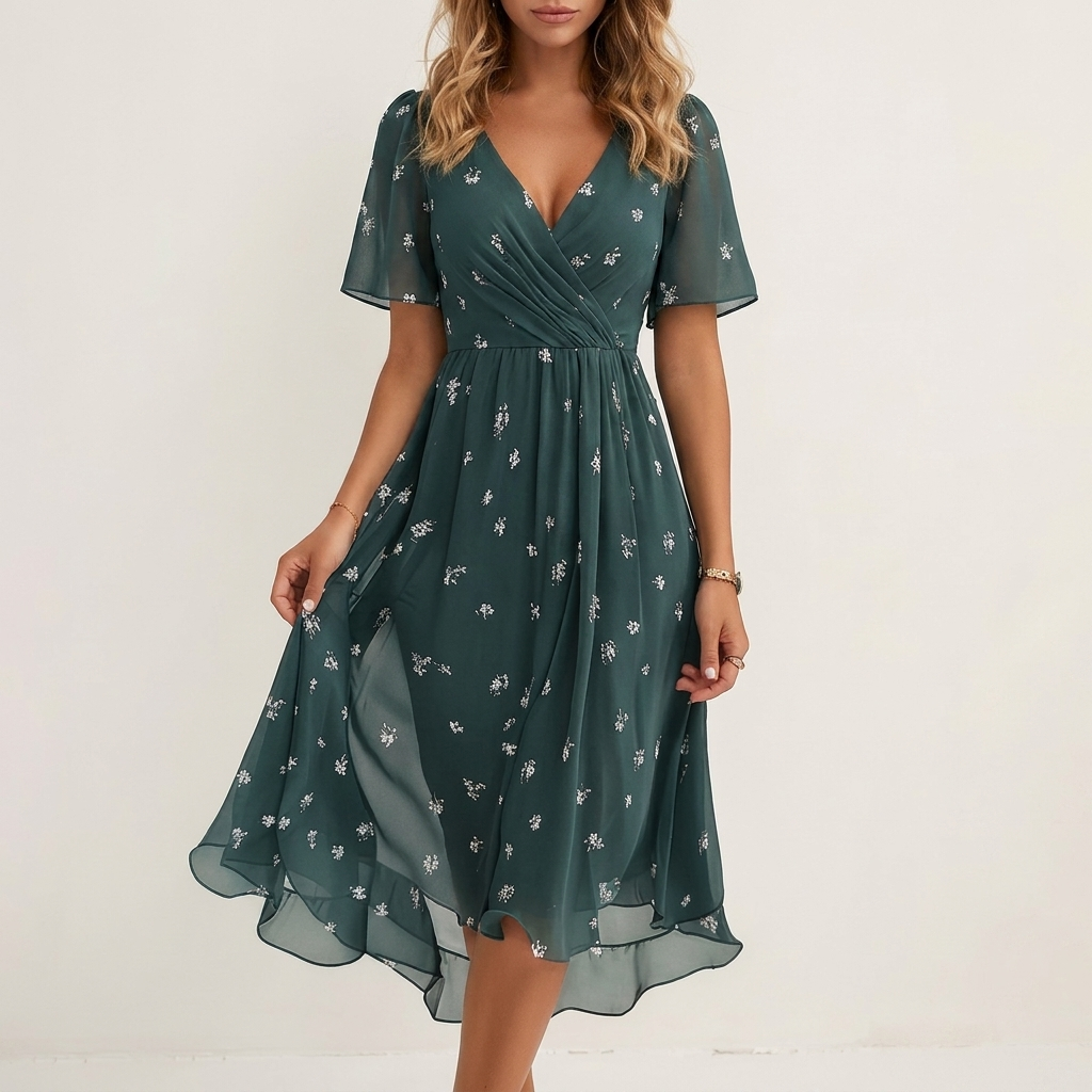 Woman wearing a green printed short sleeve summer dress, front studio view