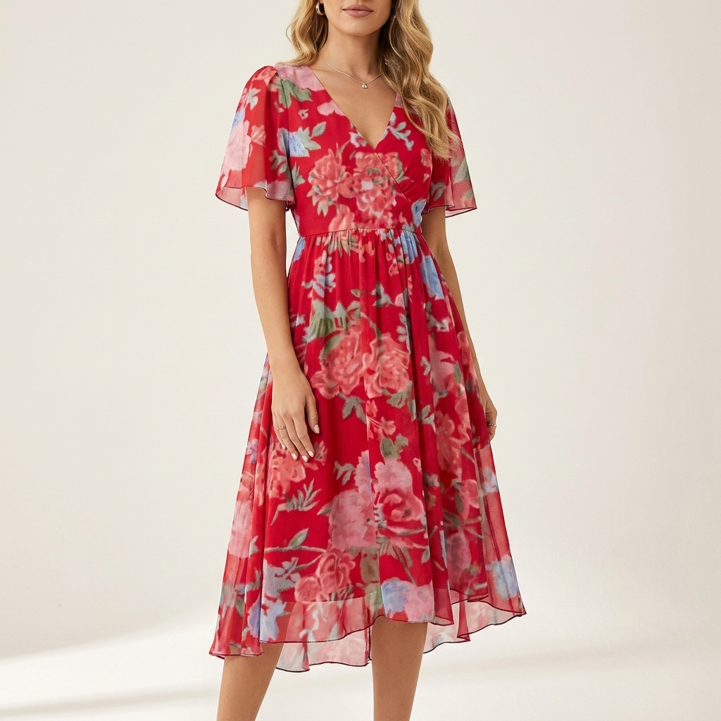 Woman wearing a red printed short sleeve summer dress, front studio view