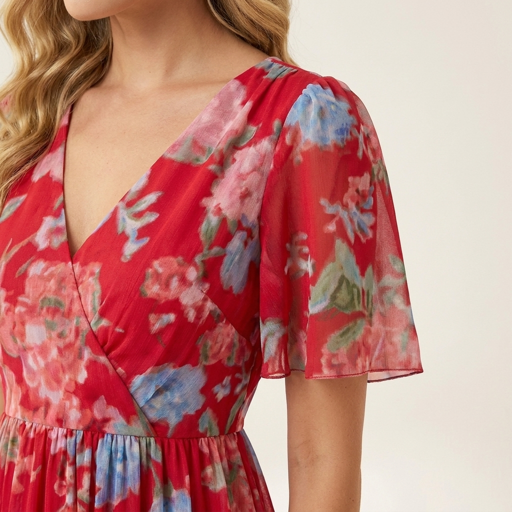 Close-up of the red dress neckline and sleeve detail