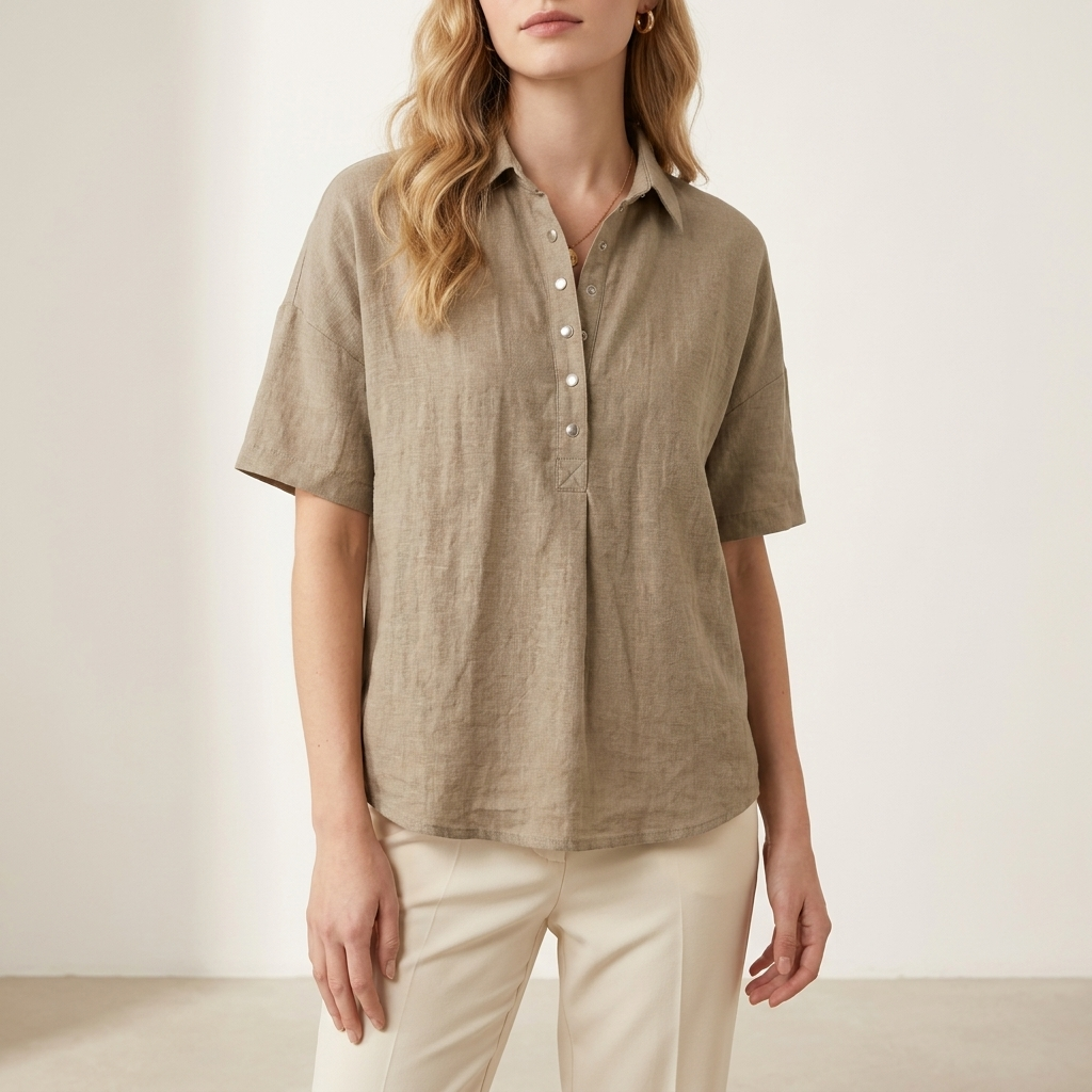 Woman wearing a khaki relaxed-fit collared button-up shirt with press-stud fastening, front studio view