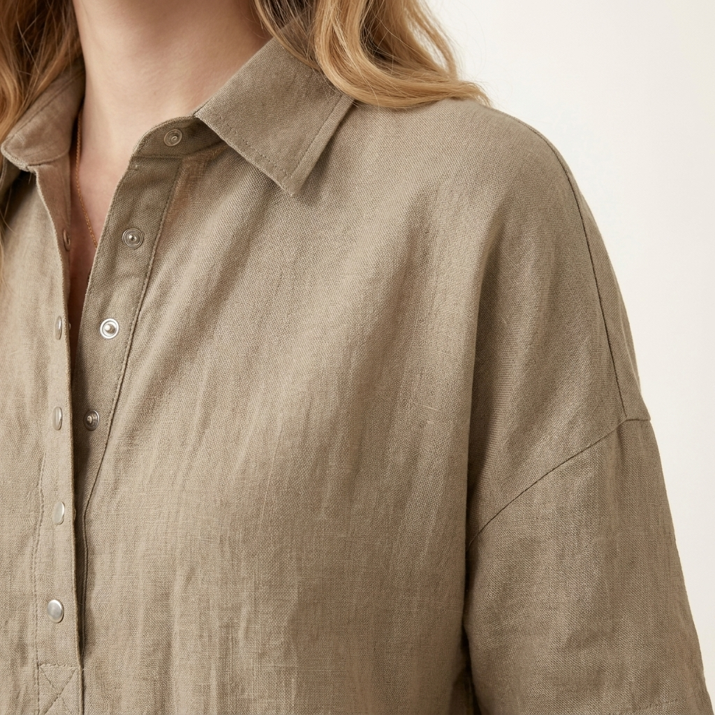 Close-up of the khaki shirt collar and press-stud placket showing fabric texture and stitching