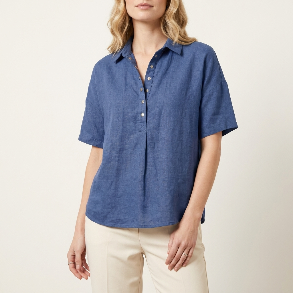 Woman wearing a blue relaxed-fit collared button-up shirt with press-stud fastening, front studio view