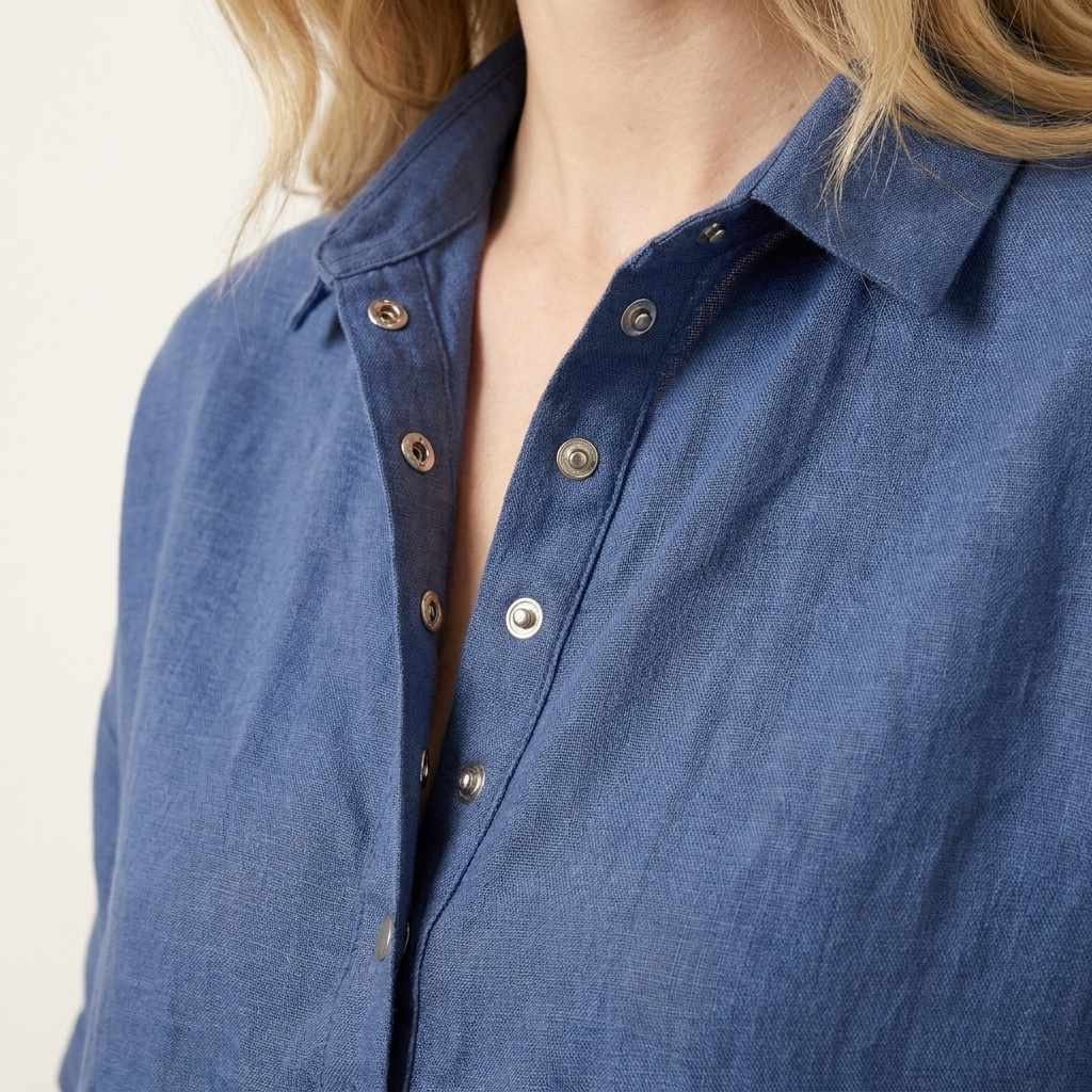 Close-up of the blue shirt collar and press-stud placket showing fabric texture and stitching