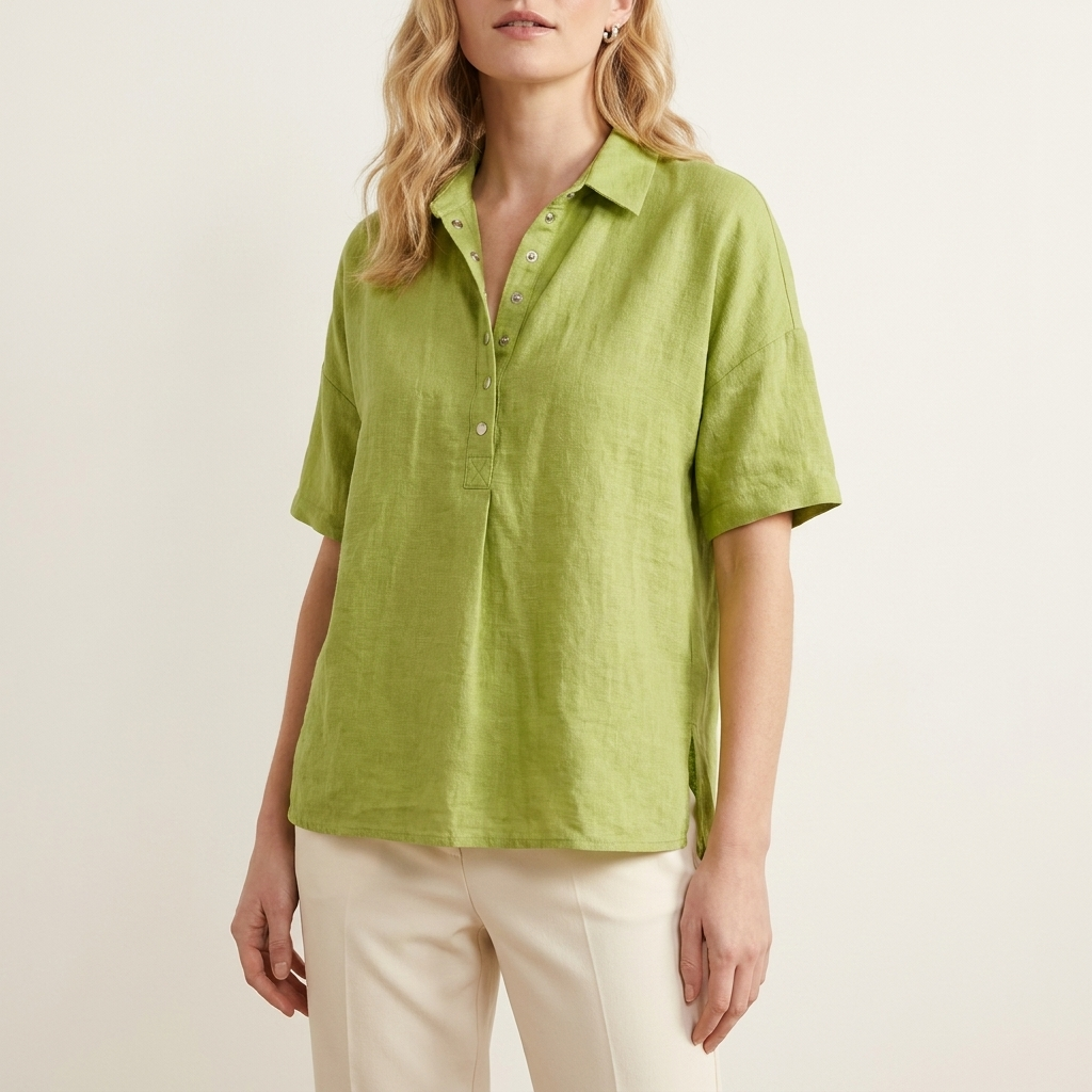 Woman wearing a green relaxed-fit collared button-up shirt with press-stud fastening, front studio view