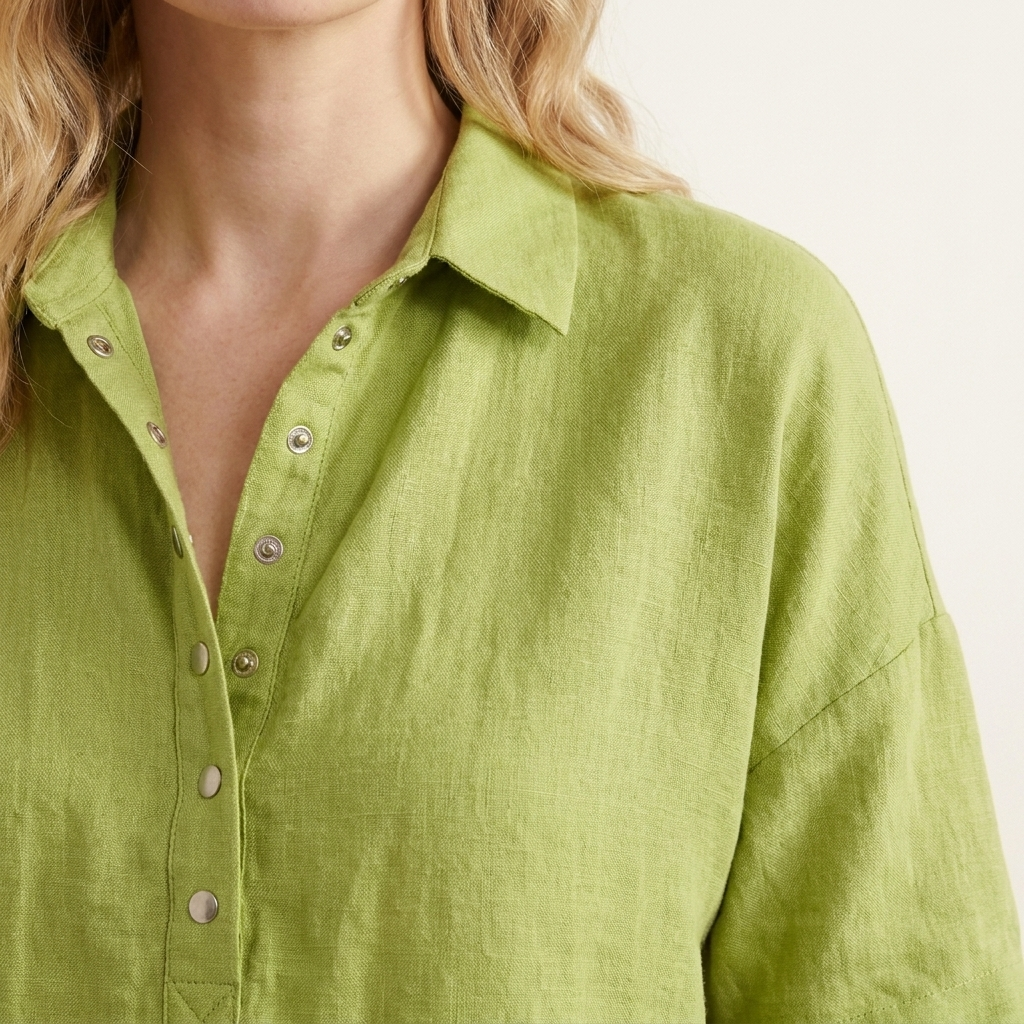 Close-up of the green shirt collar and press-stud placket showing fabric texture and stitching