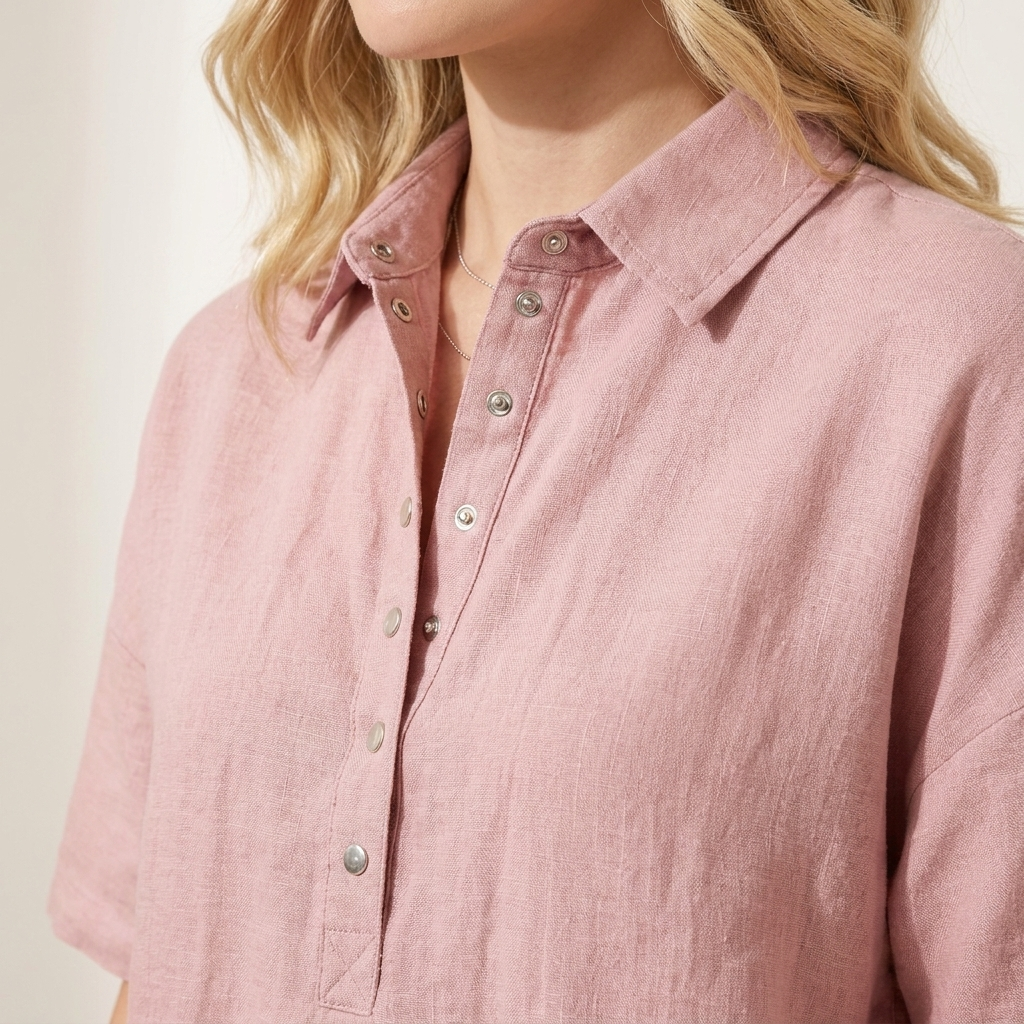 Close-up of the pink shirt collar and press-stud placket showing fabric texture and stitching