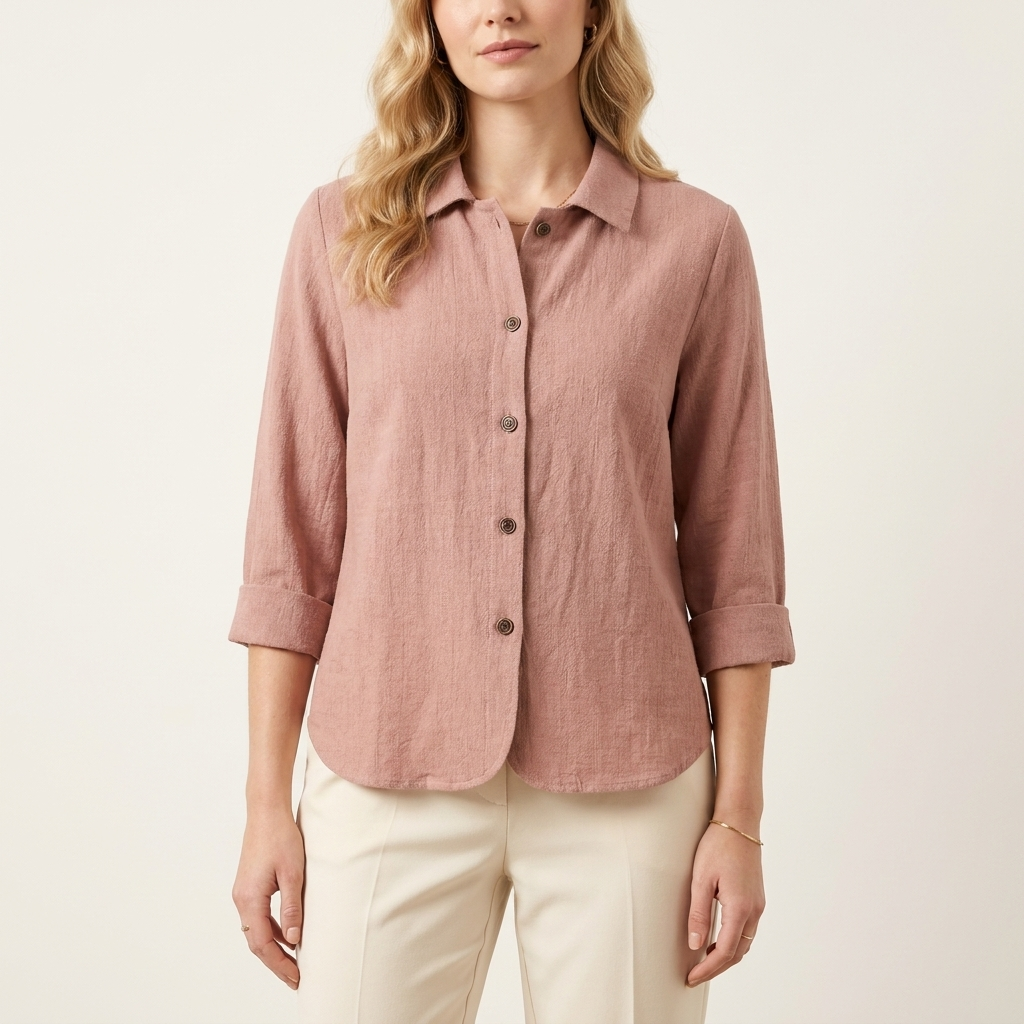 Woman wearing a pink relaxed layering top, front studio view