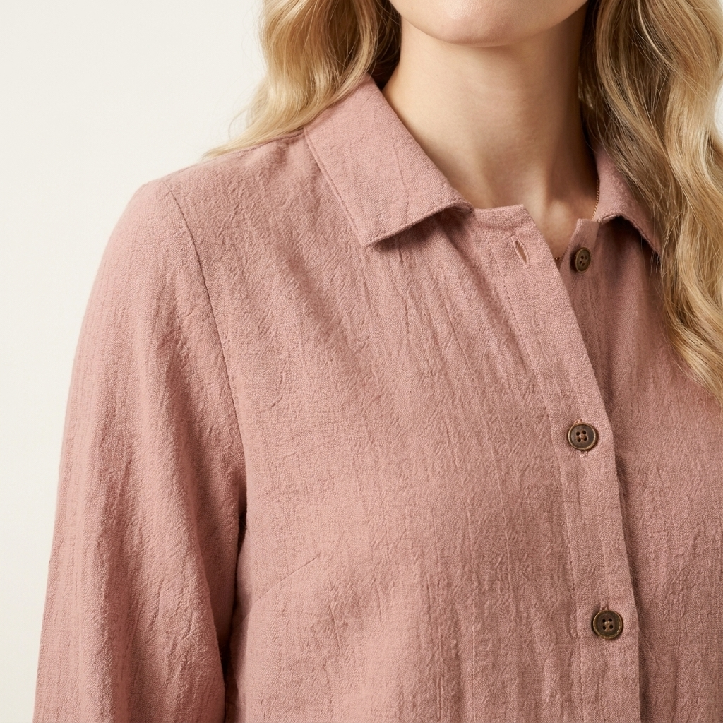 Close-up of the pink top neckline and fabric detail