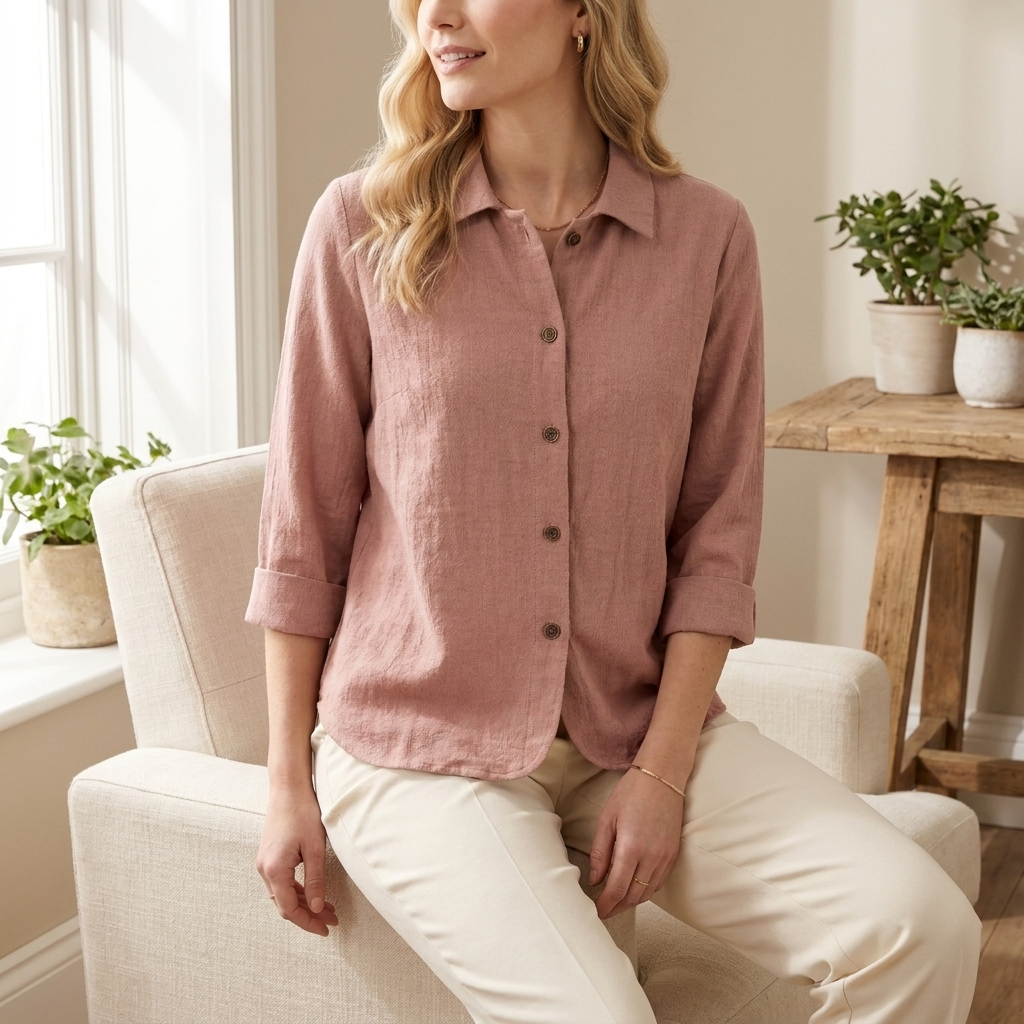 Woman wearing the pink top in a relaxed everyday lifestyle setting