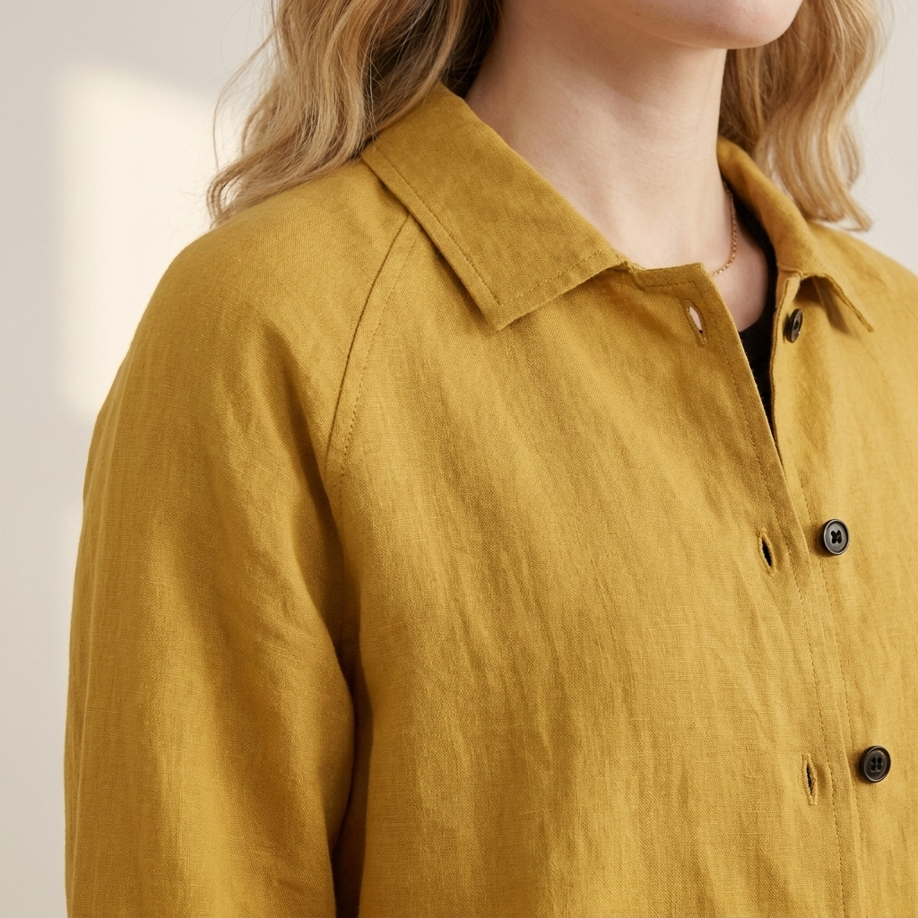Close-up of the yellow top neckline and fabric detail