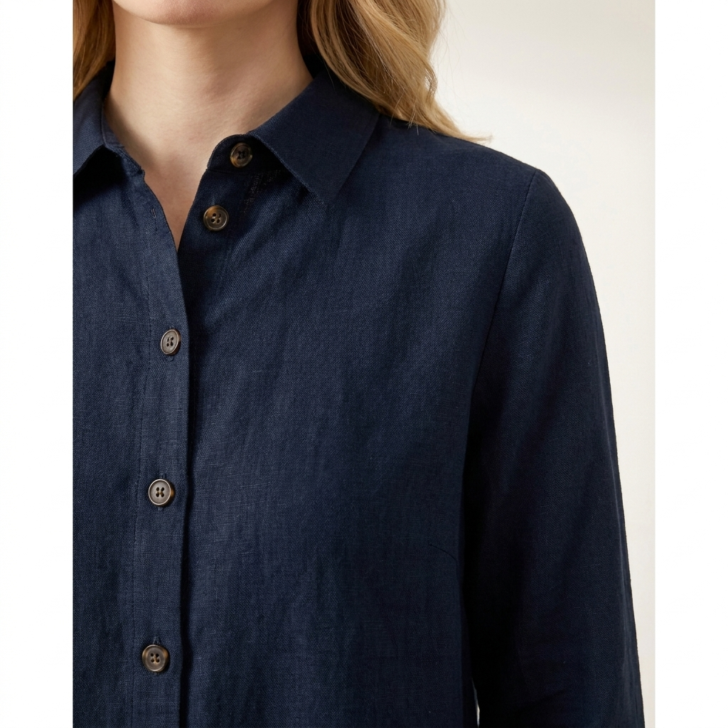 Close-up of the dark blue top neckline and fabric detail