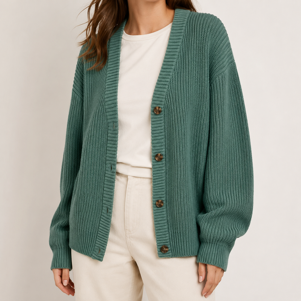 Relaxed green ribbed knit cardigan with a V-neck, button-front, and dropped shoulders worn over a white top.