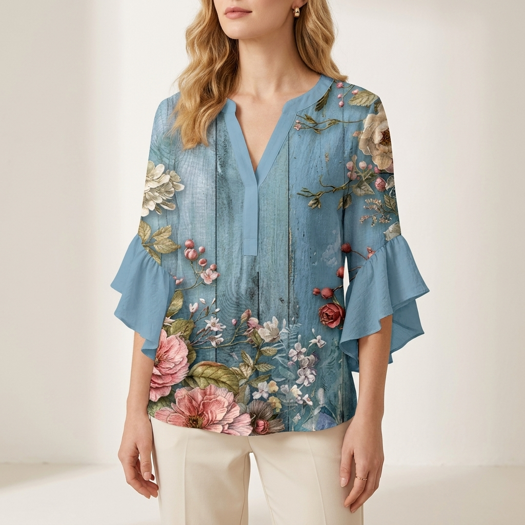 Woman wearing a floral blue ruffle sleeve blouse with a plain V-neck, front studio view