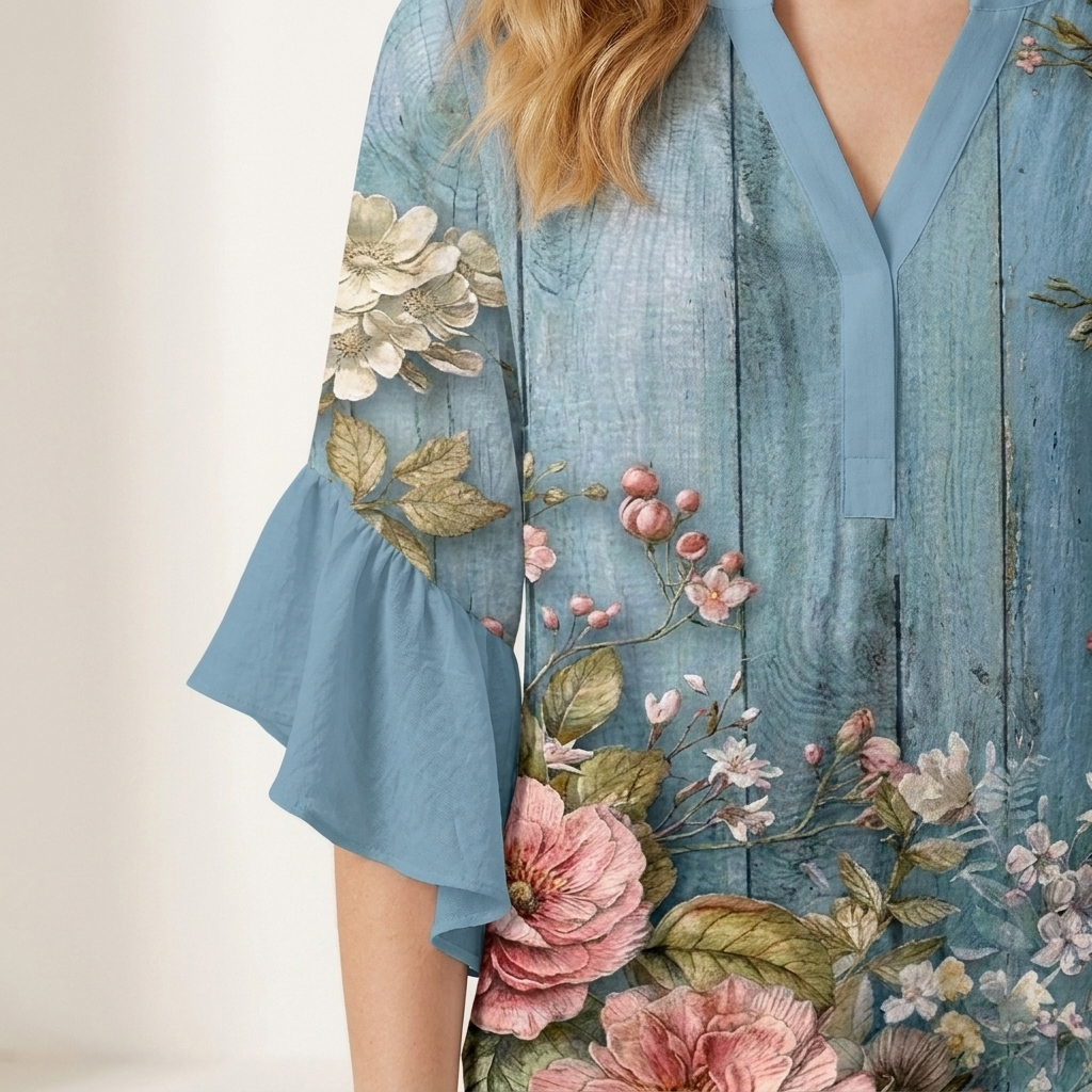 Close-up of the floral blue blouse single ruffle cuff and fabric print detail