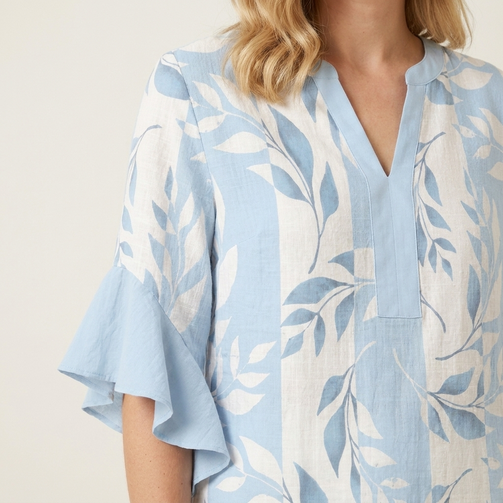 Close-up of the light blue blouse single ruffle cuff and fabric detail