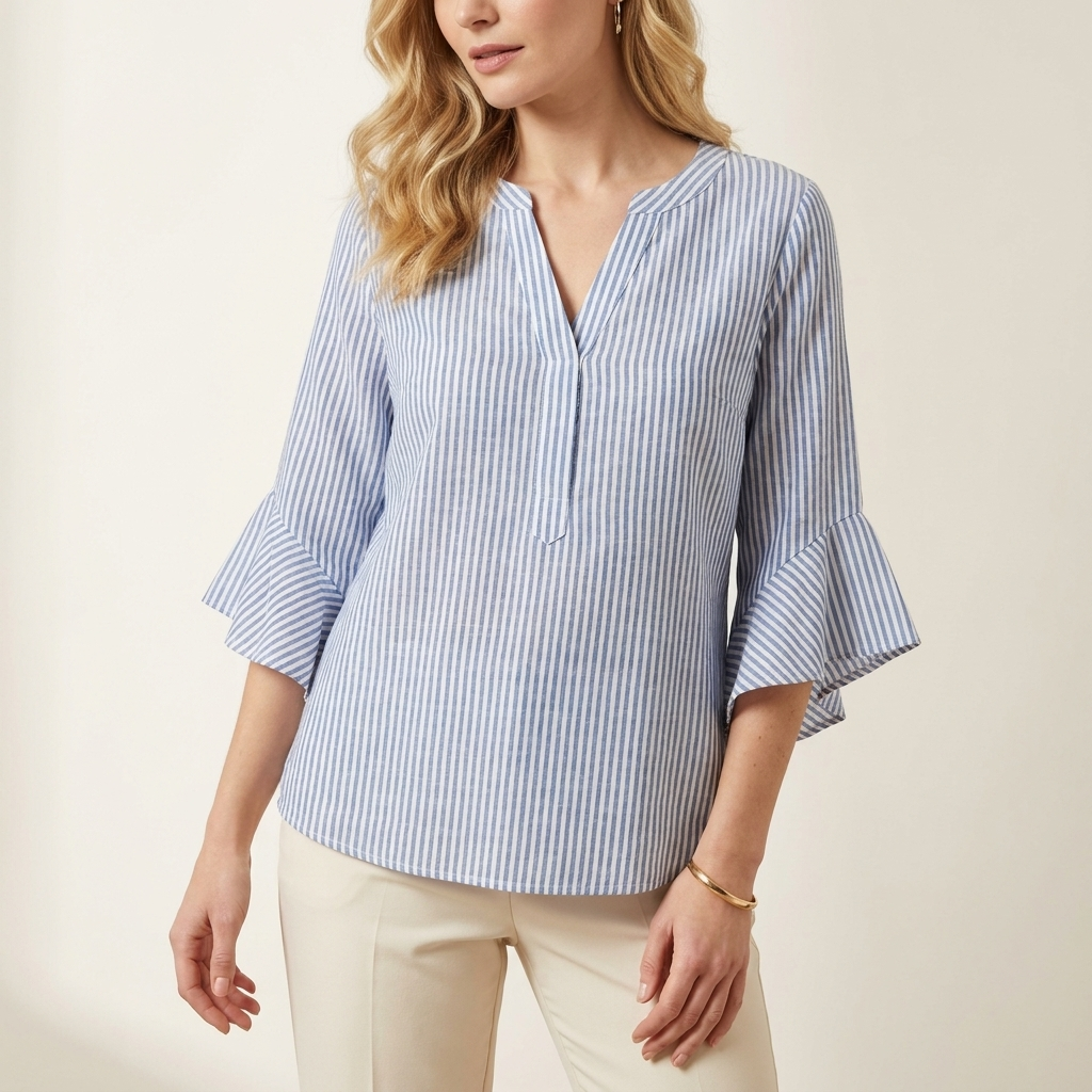 Woman wearing a blue ruffle sleeve blouse with a plain V-neck, front studio view