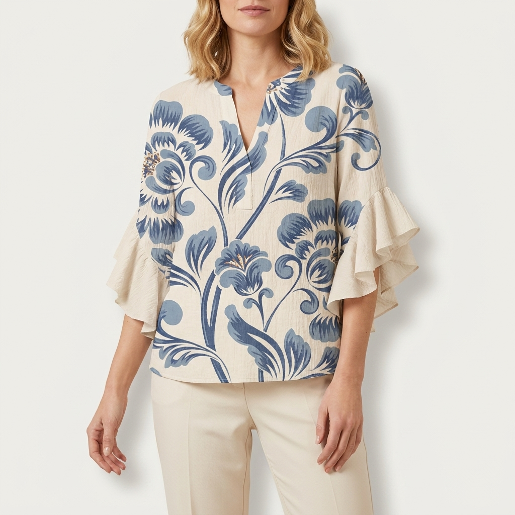Woman wearing a white and blue ruffle sleeve blouse with a plain V-neck, front studio view