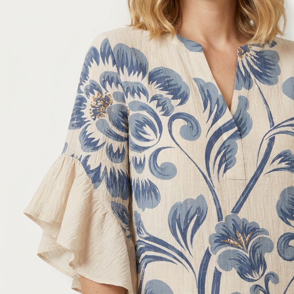 Close-up of the white and blue blouse single ruffle cuff and fabric detail