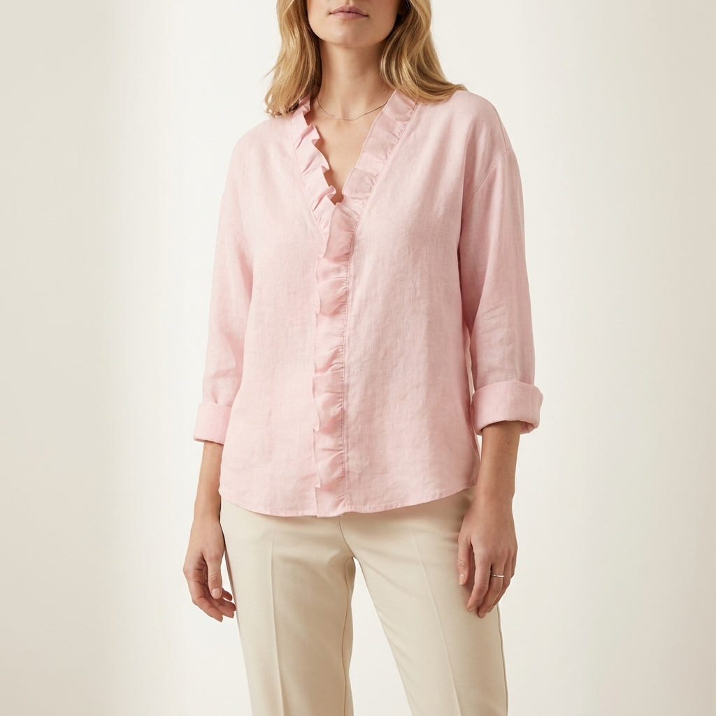 Woman wearing a pink ruffled V-neck blouse with long sleeves, front studio view