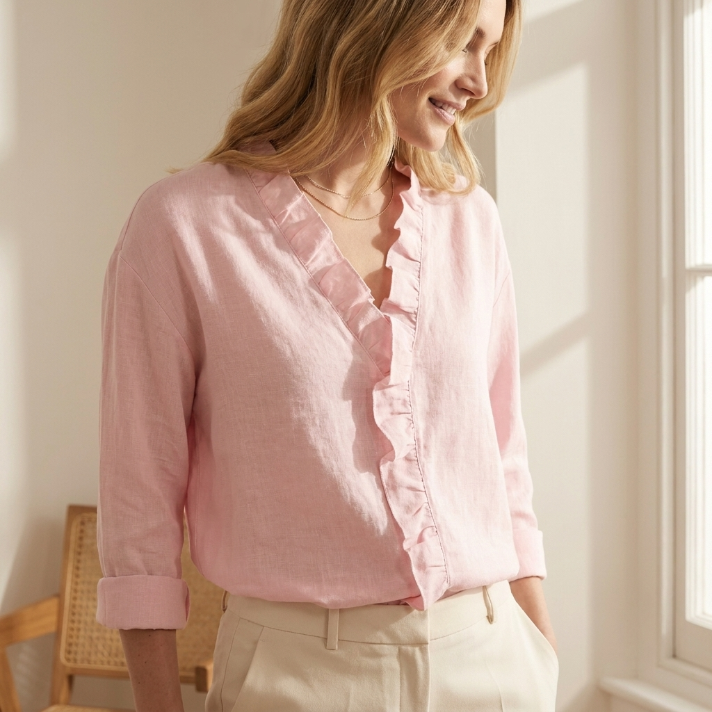 Woman wearing the pink blouse in a relaxed everyday lifestyle setting