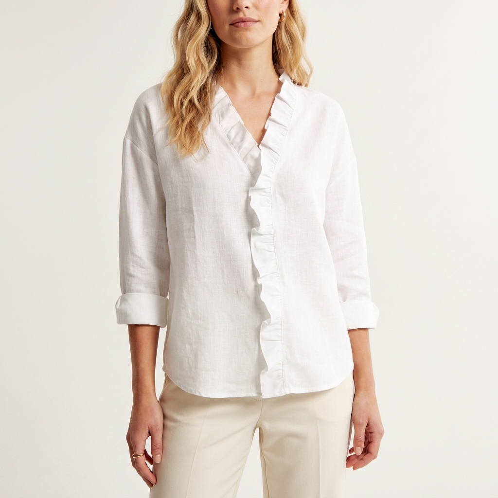 Woman wearing a white ruffled V-neck blouse with long sleeves, front studio view