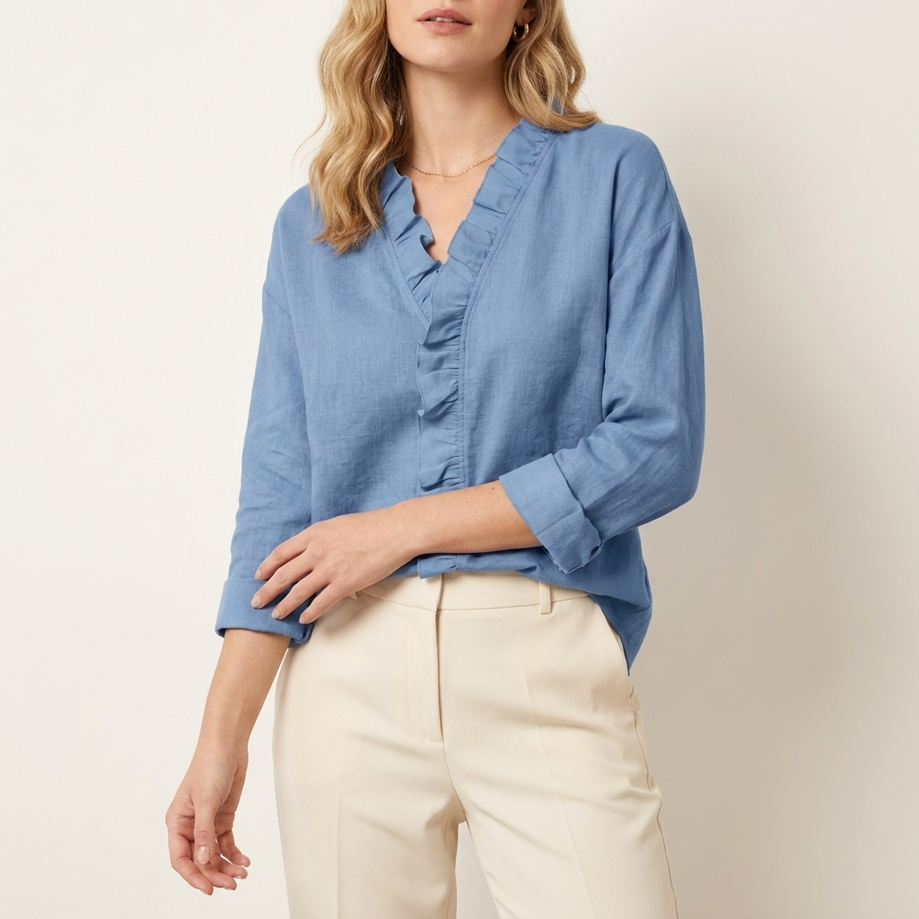 Woman wearing a blue ruffled V-neck blouse with long sleeves, front studio view