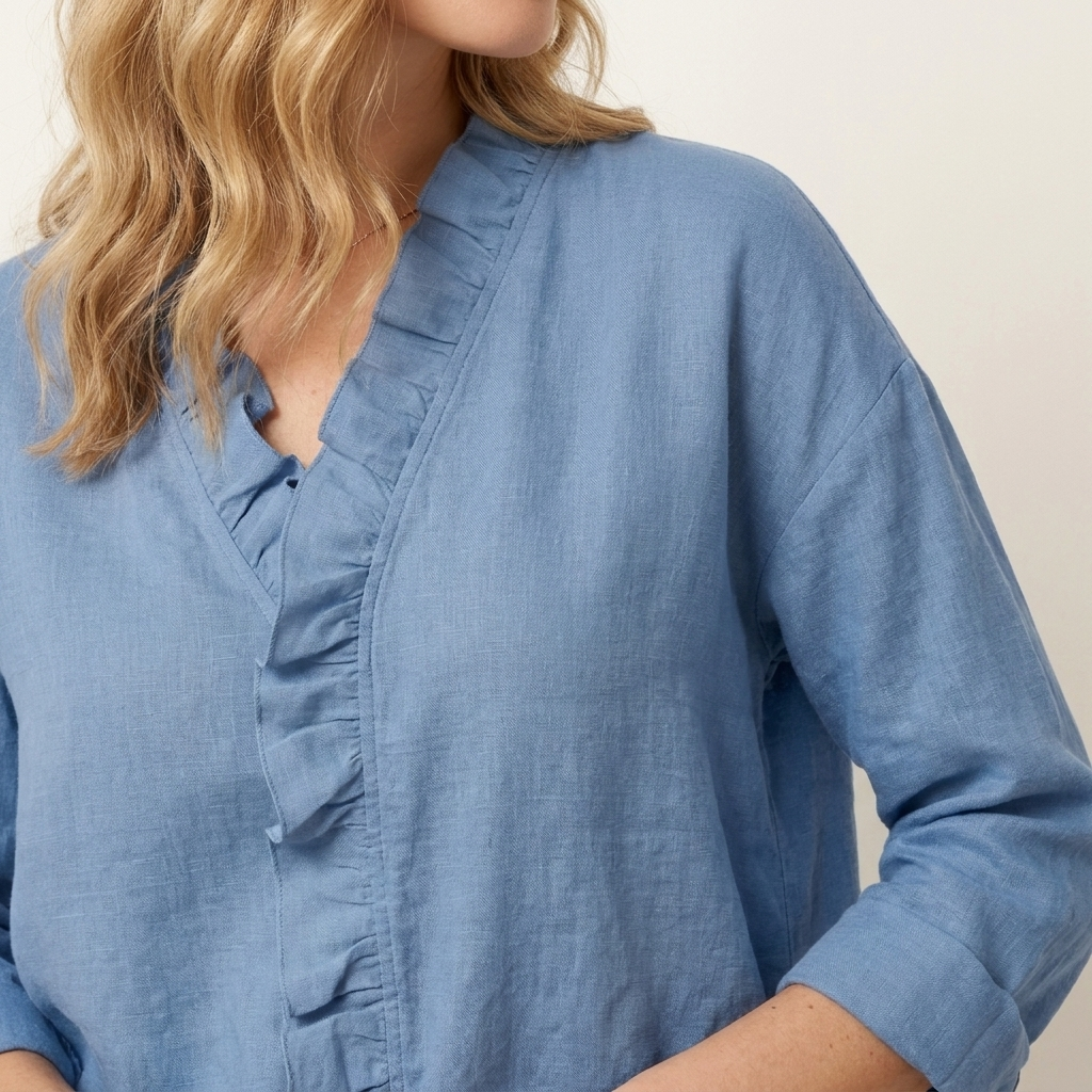 Close-up of the blue blouse V-neckline ruffle detail