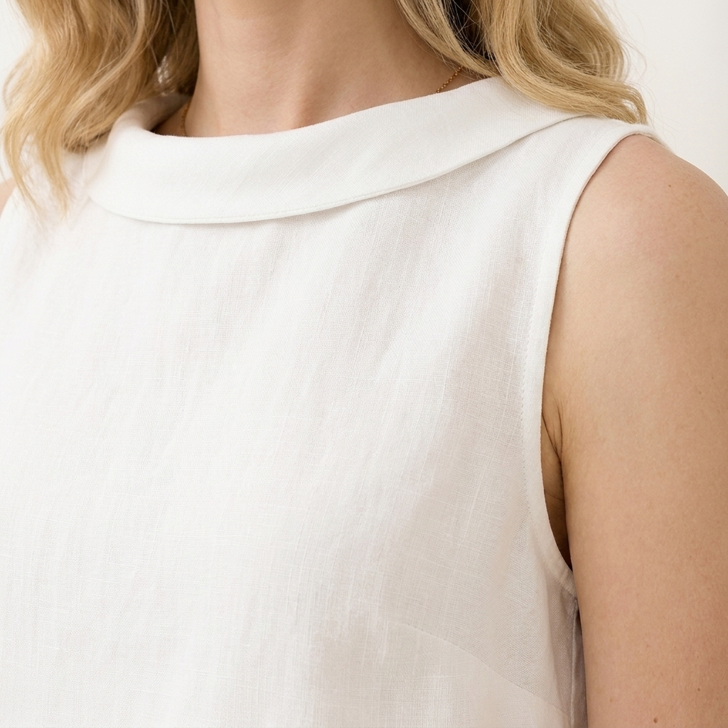 Close-up of the white top roll collar detail