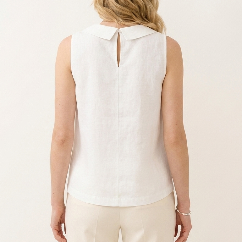 Back view of the white sleeveless roll collar top