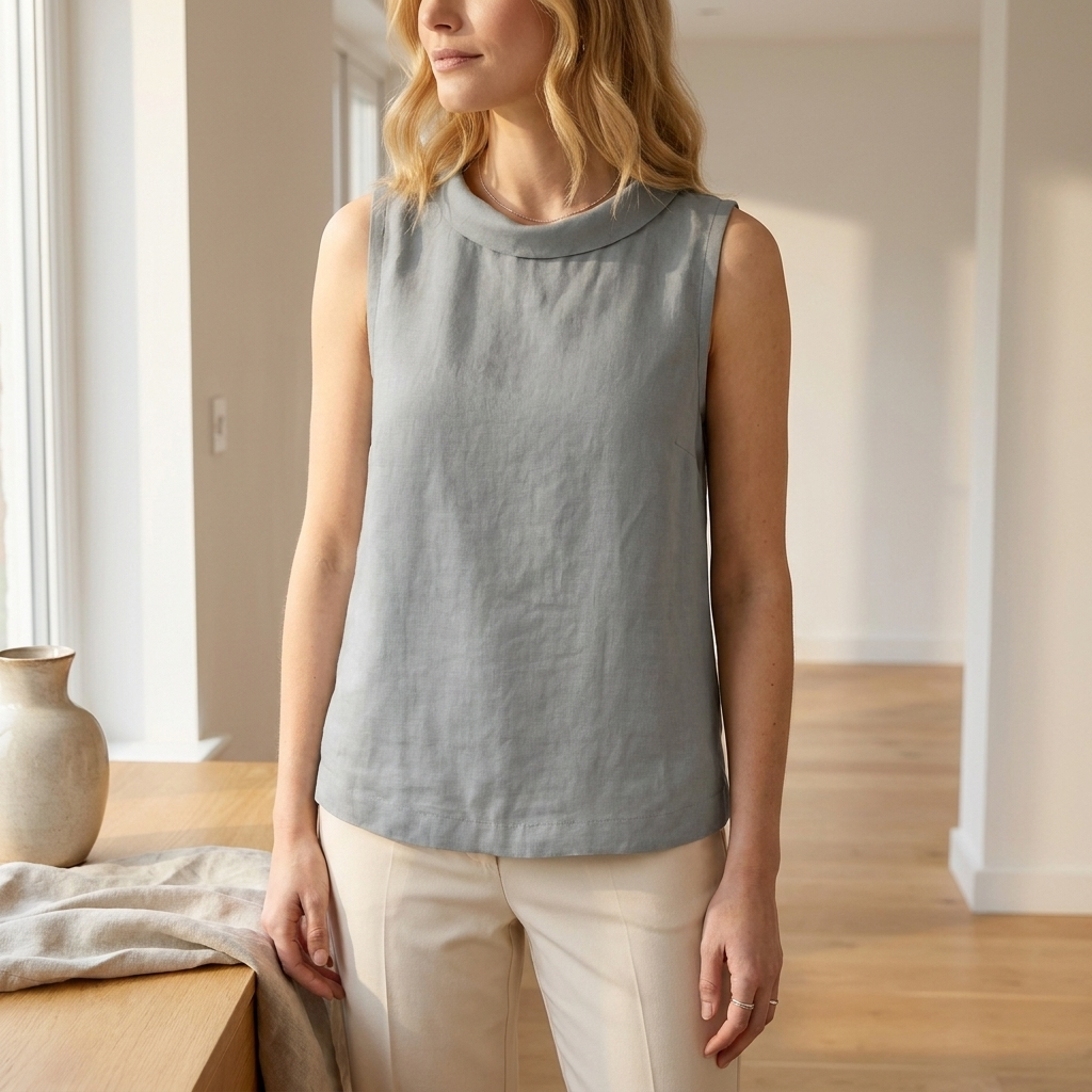 Woman wearing the gray top in a relaxed everyday lifestyle setting