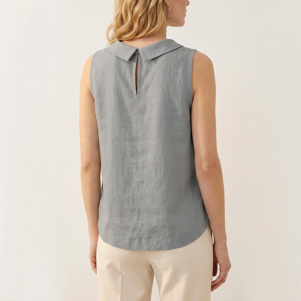 Back view of the gray sleeveless roll collar top