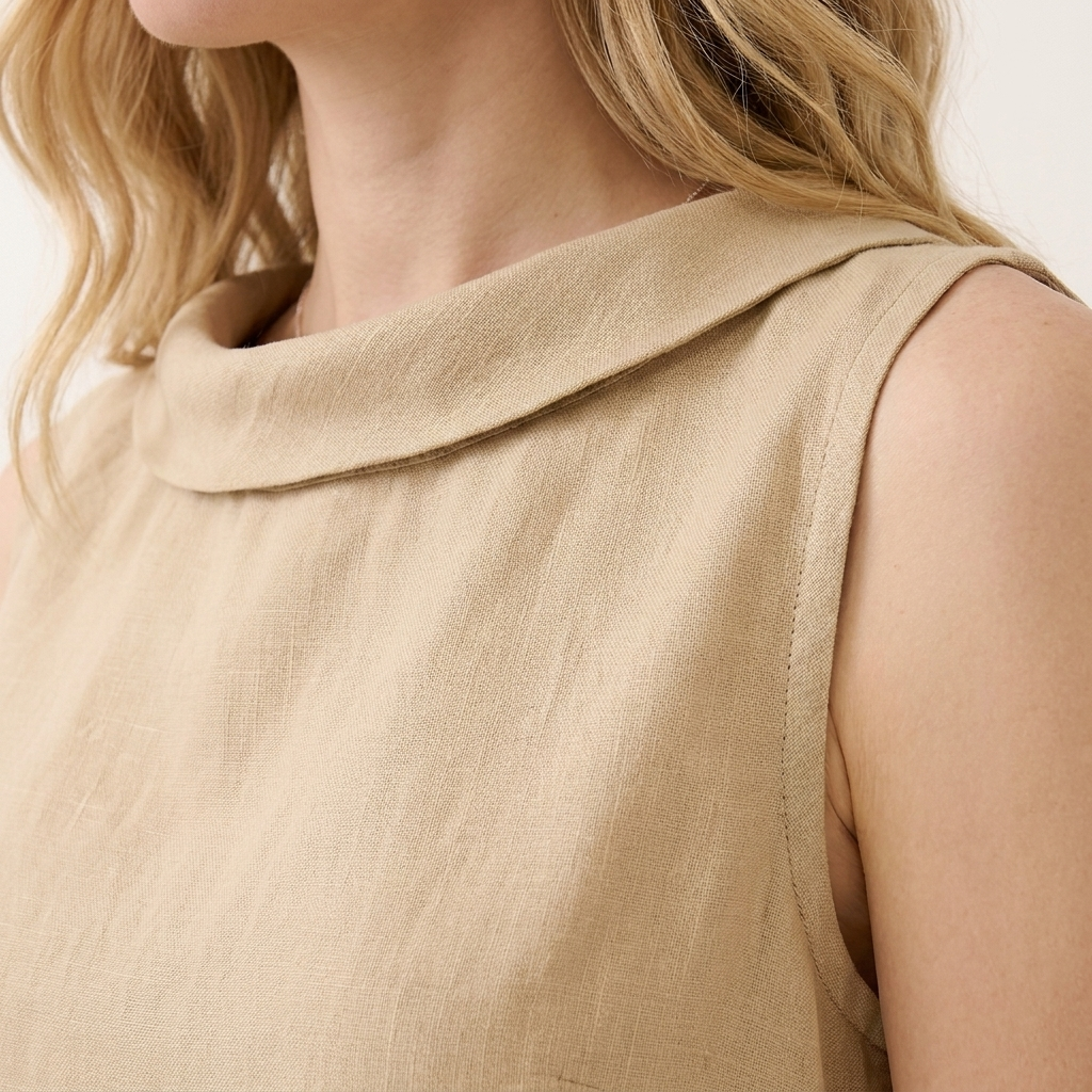 Close-up of the beige top roll collar detail