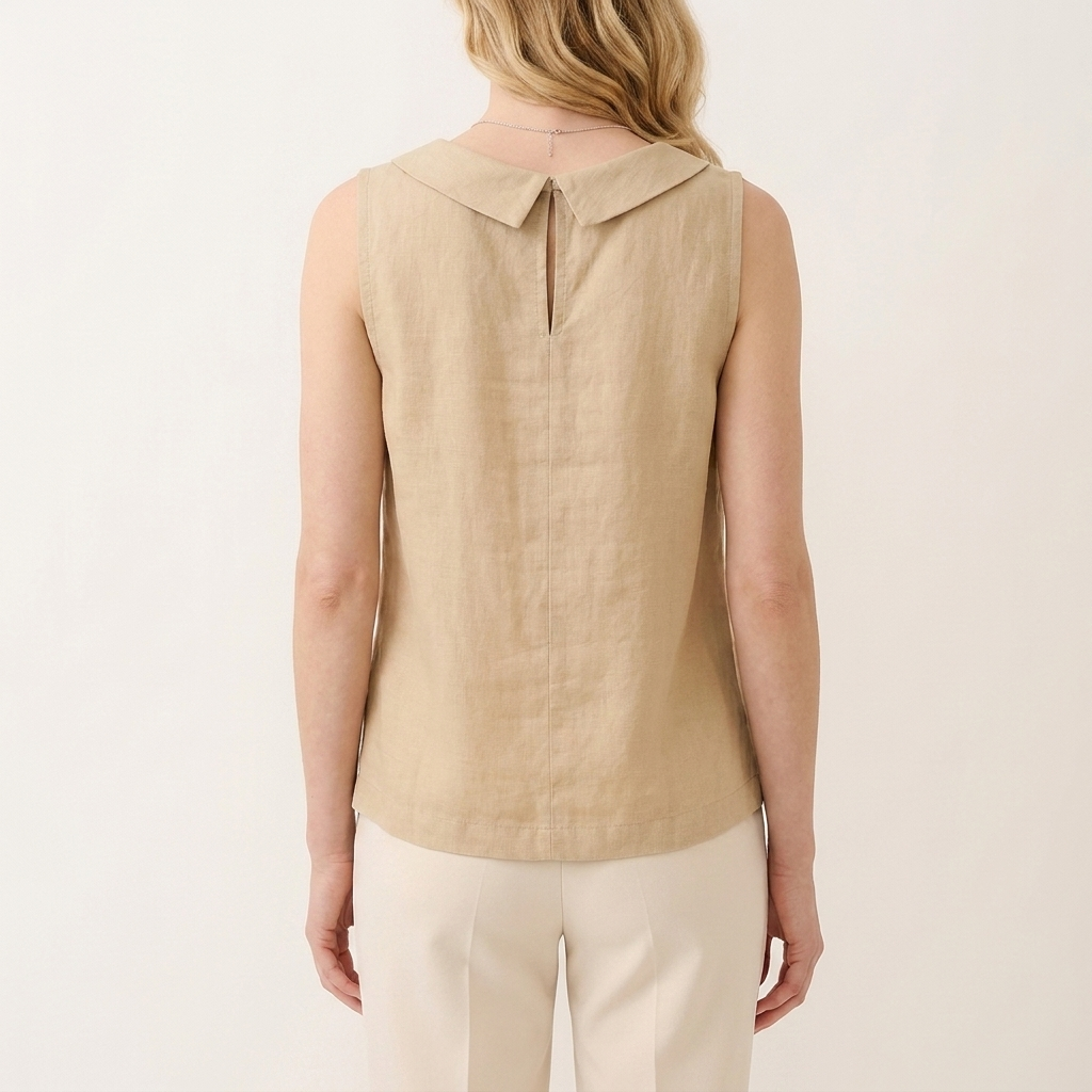 Back view of the beige sleeveless roll collar top