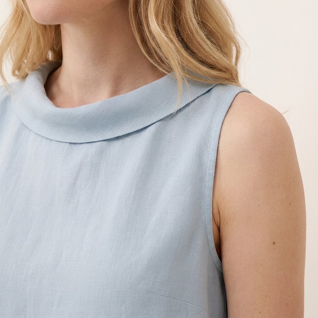 Close-up of the blue top roll collar detail